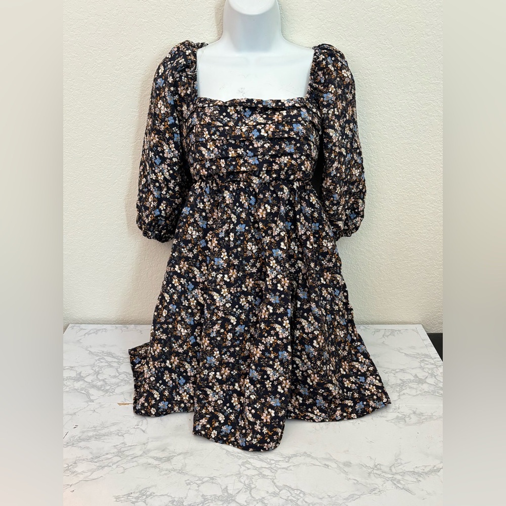 AUW Mini Dress Womens Size Small Floral Long Peasant Sleeve Boho Square Neck​